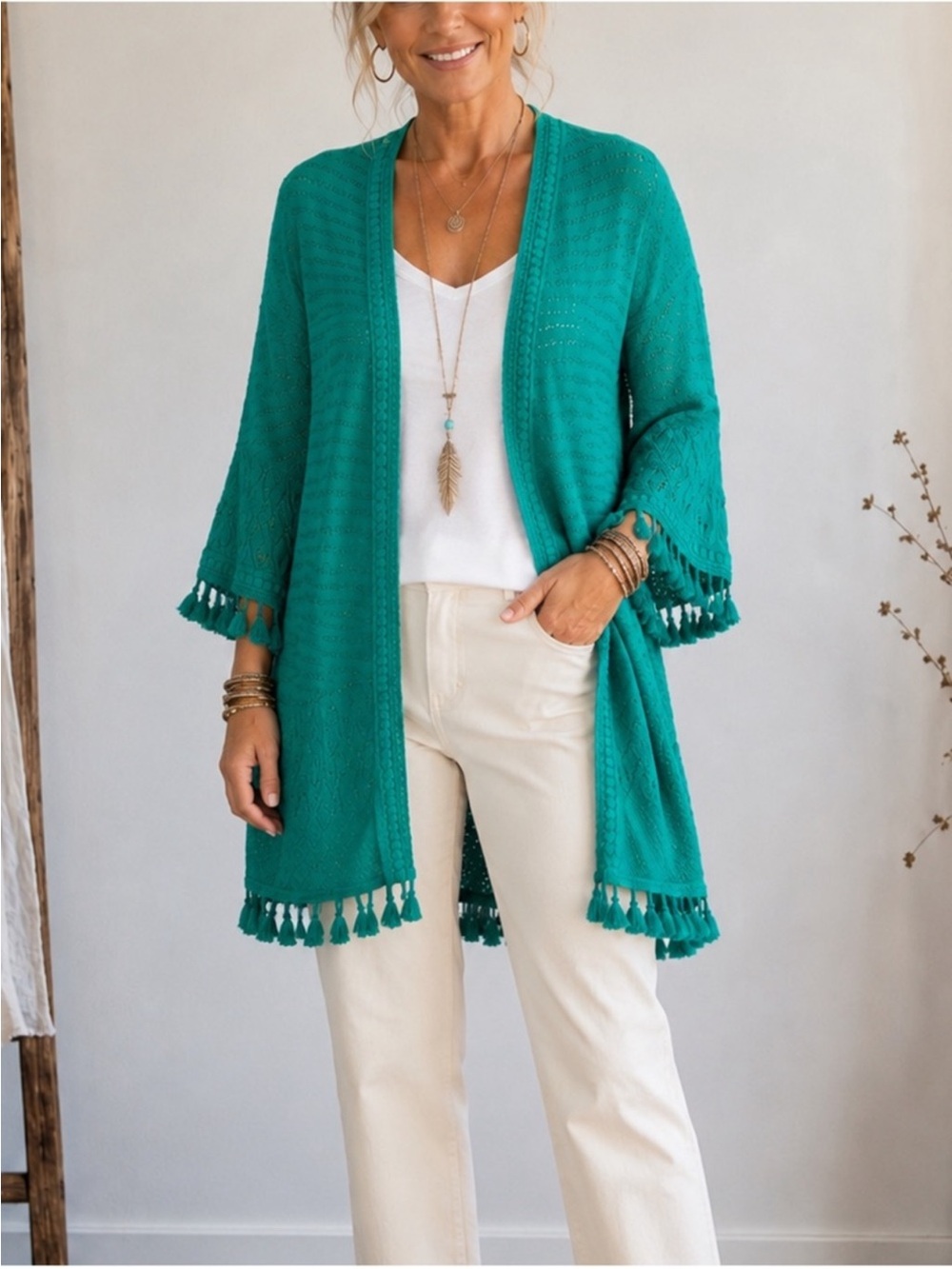 Chico's pointelle knit Teal Open-Front Knit Cardigan with Tassel Trim